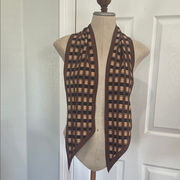 Vintage 70s Vera Checkered geometric oblong skinny narrow split Scarf brown tan - Picture 3 of 8